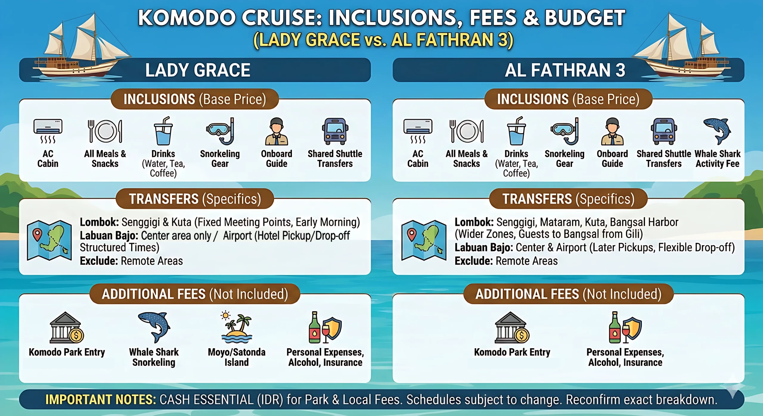 Infographic comparing the inclusions, transfers, and additional fees for Lady Grace and Al Fathran 3 Komodo cruise boats, including details on meals, cabins, and park fees.
