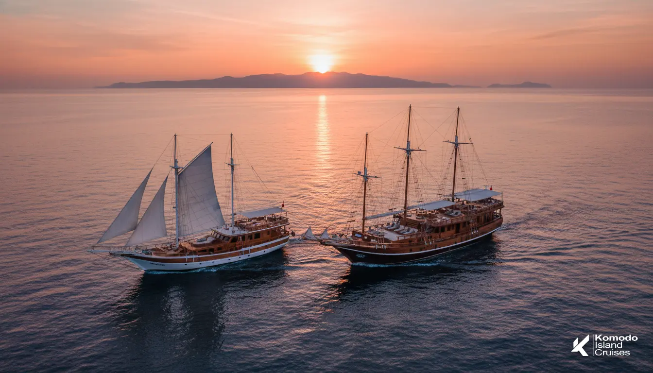 The Phinisi liveaboard boats Lady Grace and Al Fathran 3 sailing together on calm waters during a beautiful sunset on the Lombok to Komodo route.