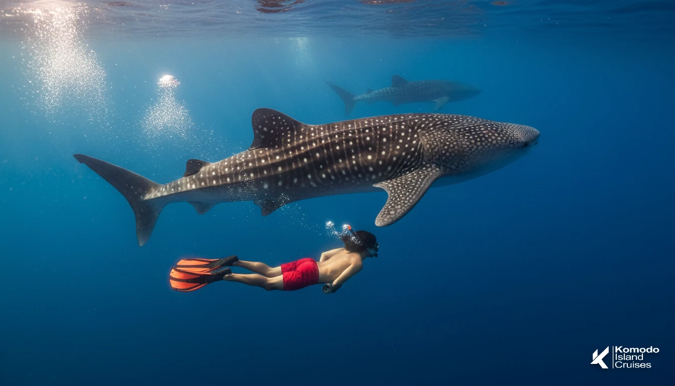  A snorkeler swimming alongside a large whale shark in Saleh Bay, Sumbawa, a unique highlight of the 4D3N Lombok-Komodo cruise itinerary.