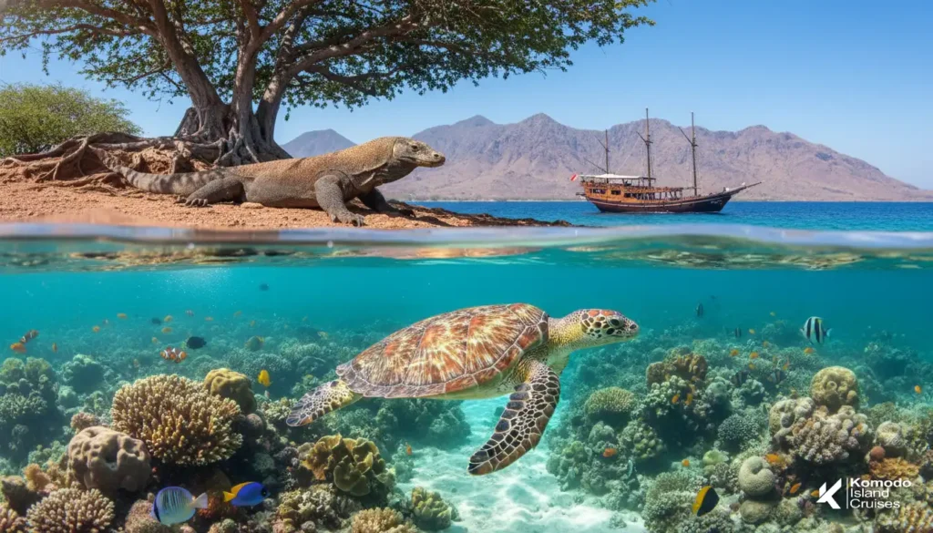 A split-view photograph showing a Komodo dragon on a beach and a sea turtle swimming over a coral reef, highlighting the diverse land and marine wildlife of Komodo National Park.